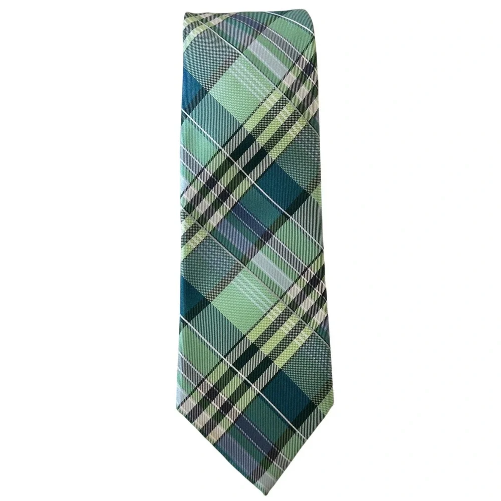 Perry Ellis Portfolio‎ Green Plaid Necktie Business Formal Vintage Polka Dot